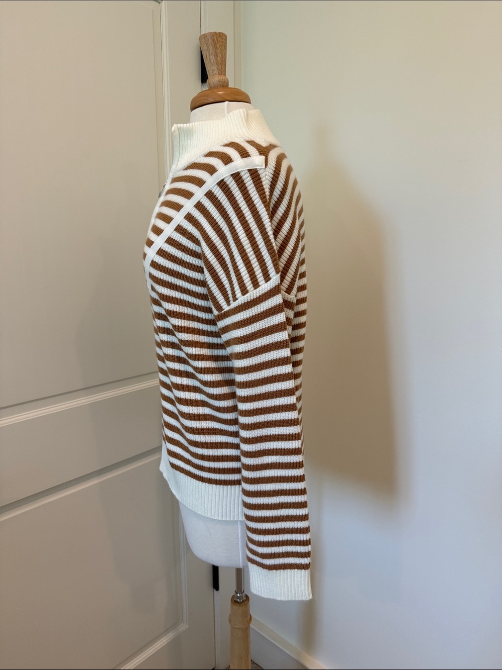 Striped Half-Zip Pullover Sweater in Brown and White - Picture 3 of 4